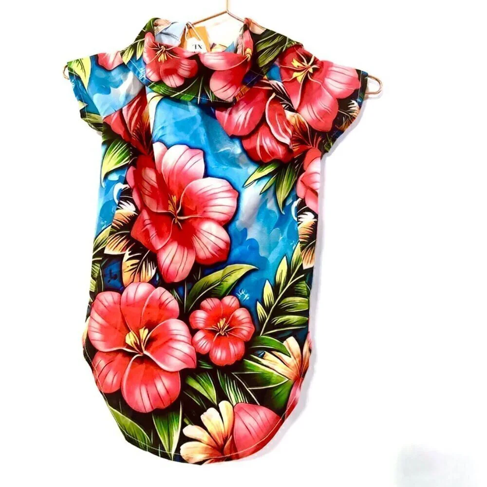 Dog Floral Hawaiian Shirt Medium  Hibiscus Pink Flowers, Stocking Stuffer NWT